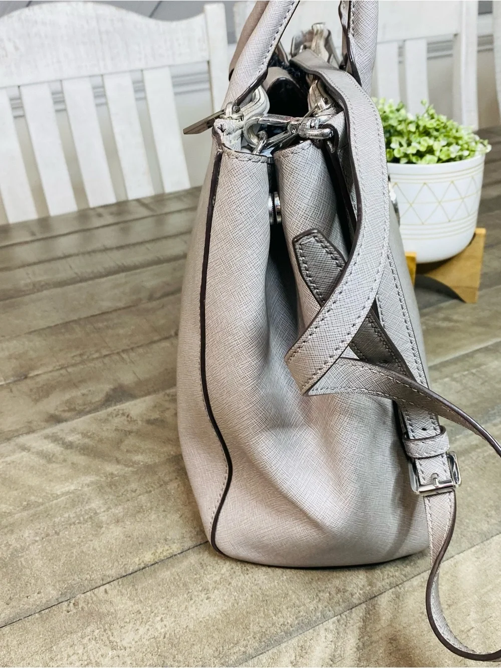 Michael Kors Sutton Medium Saffiano Leather Satchel Bag Gray Silver Hardware
